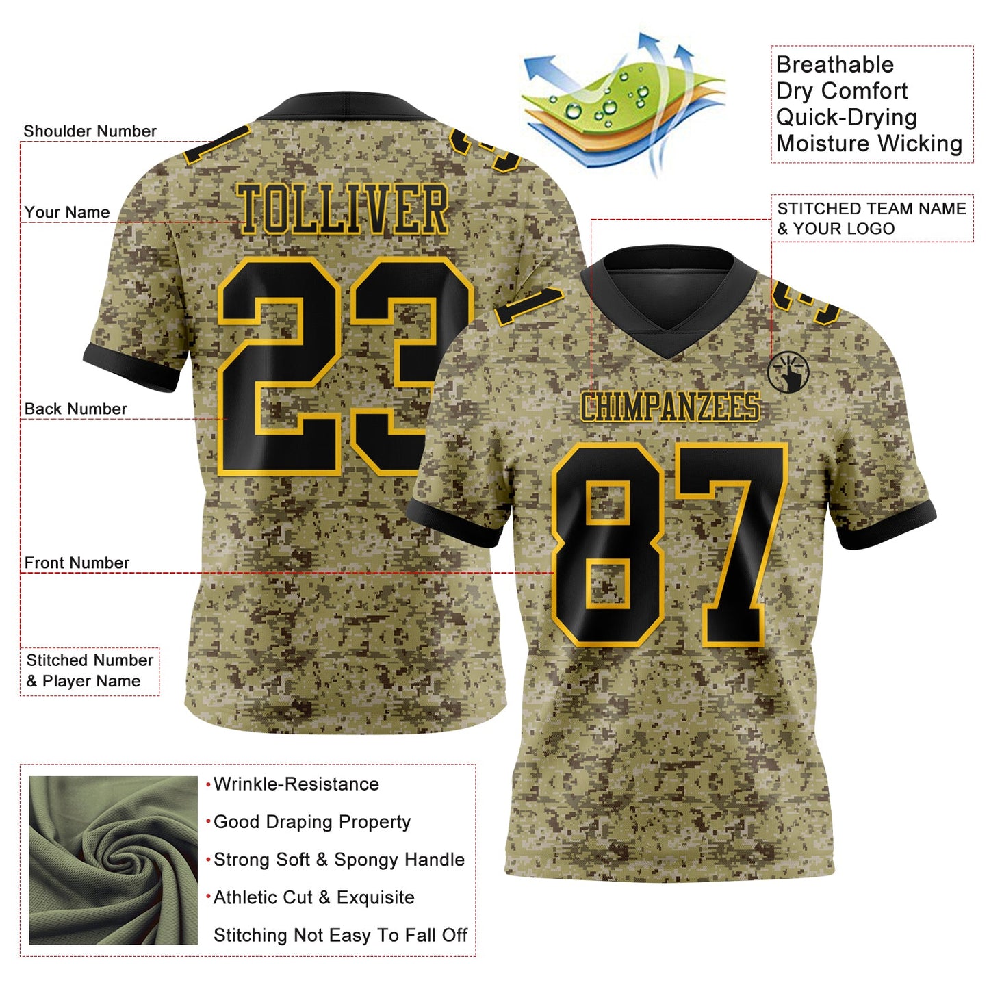 Custom Camo Black-Yellow 3D Pattern Salute To Service Mesh Authentic Football Jersey - Sky-Custom