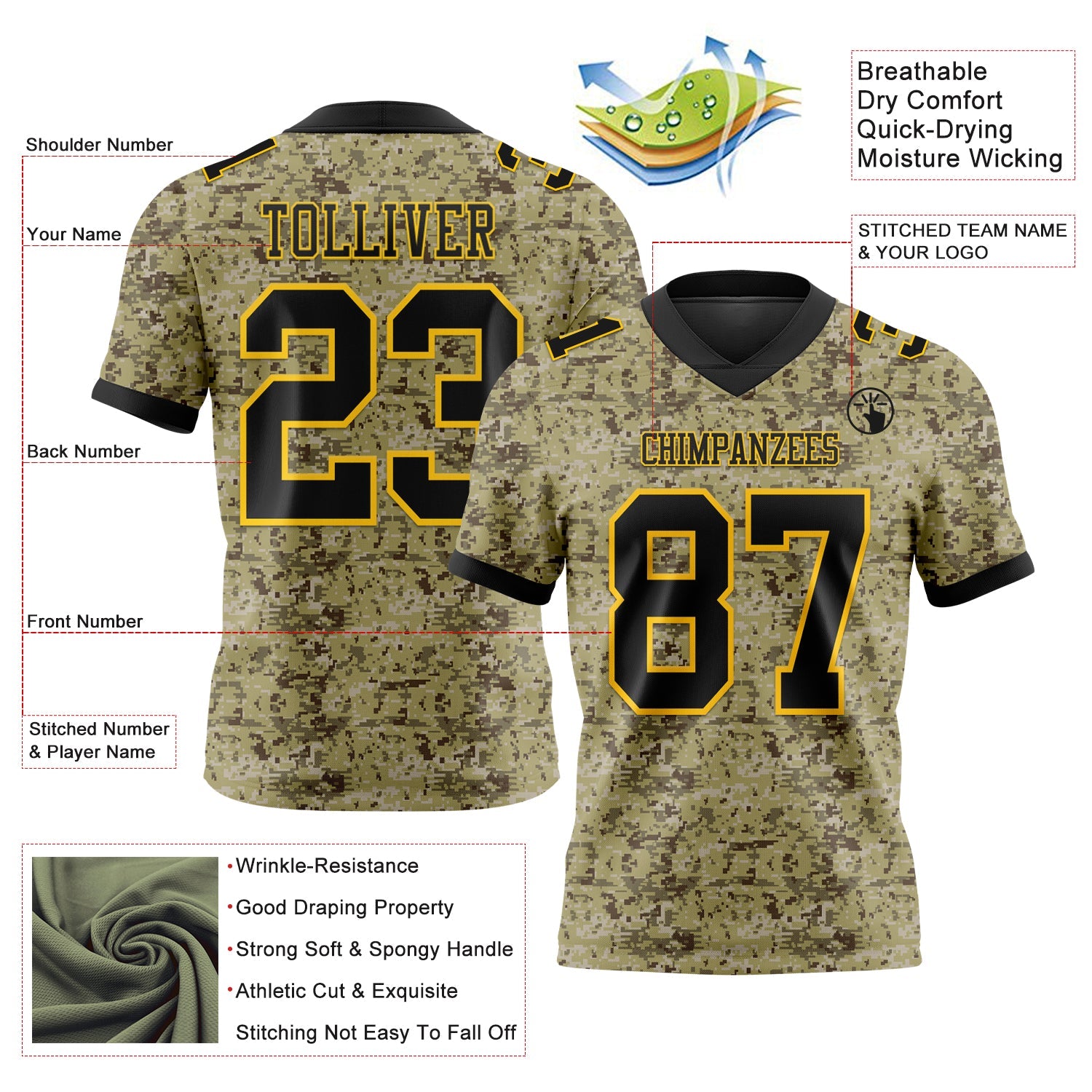 Custom Camo Black-Yellow 3D Pattern Salute To Service Mesh Authentic Football Jersey - Sky-Custom