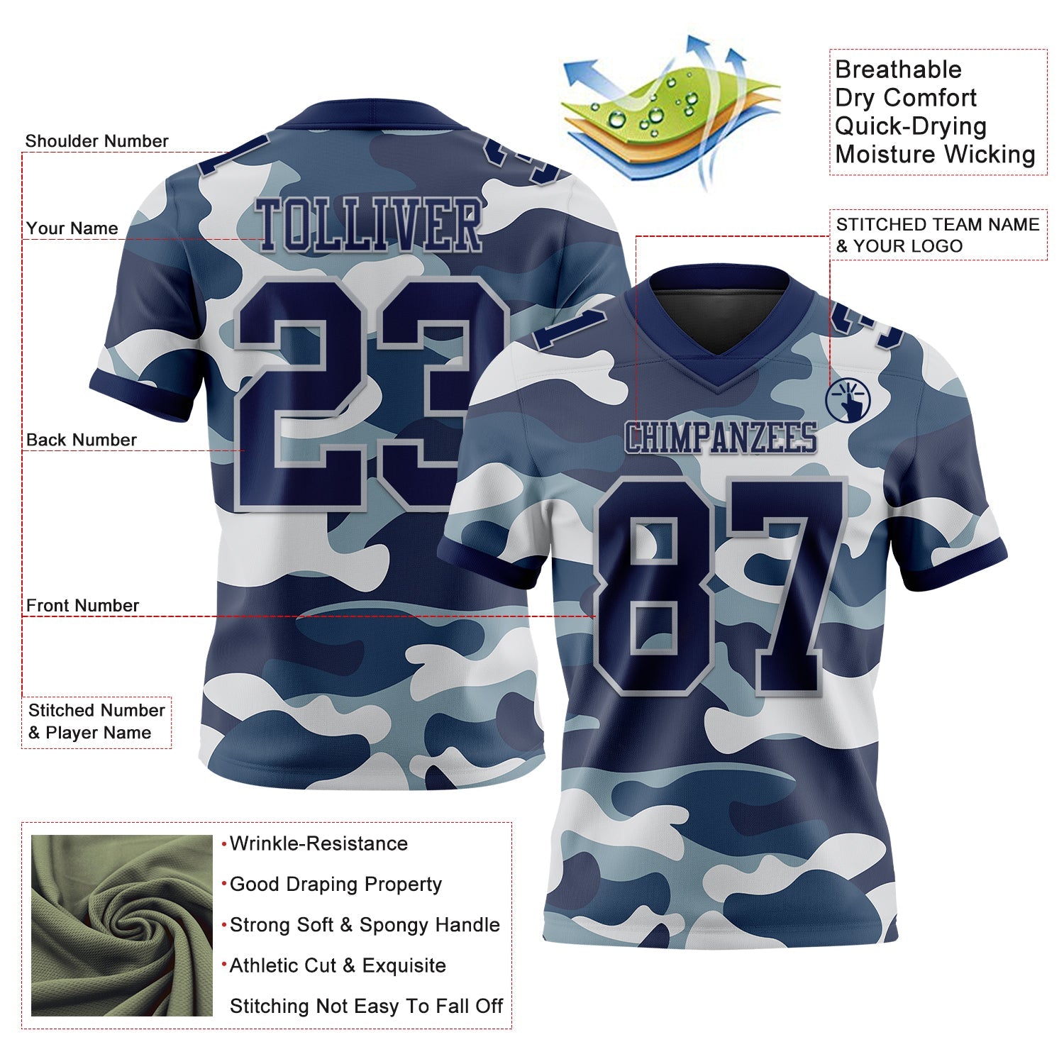 Custom Camo Navy-Gray 3D Pattern Salute To Service Mesh Authentic Football Jersey - Sky-Custom