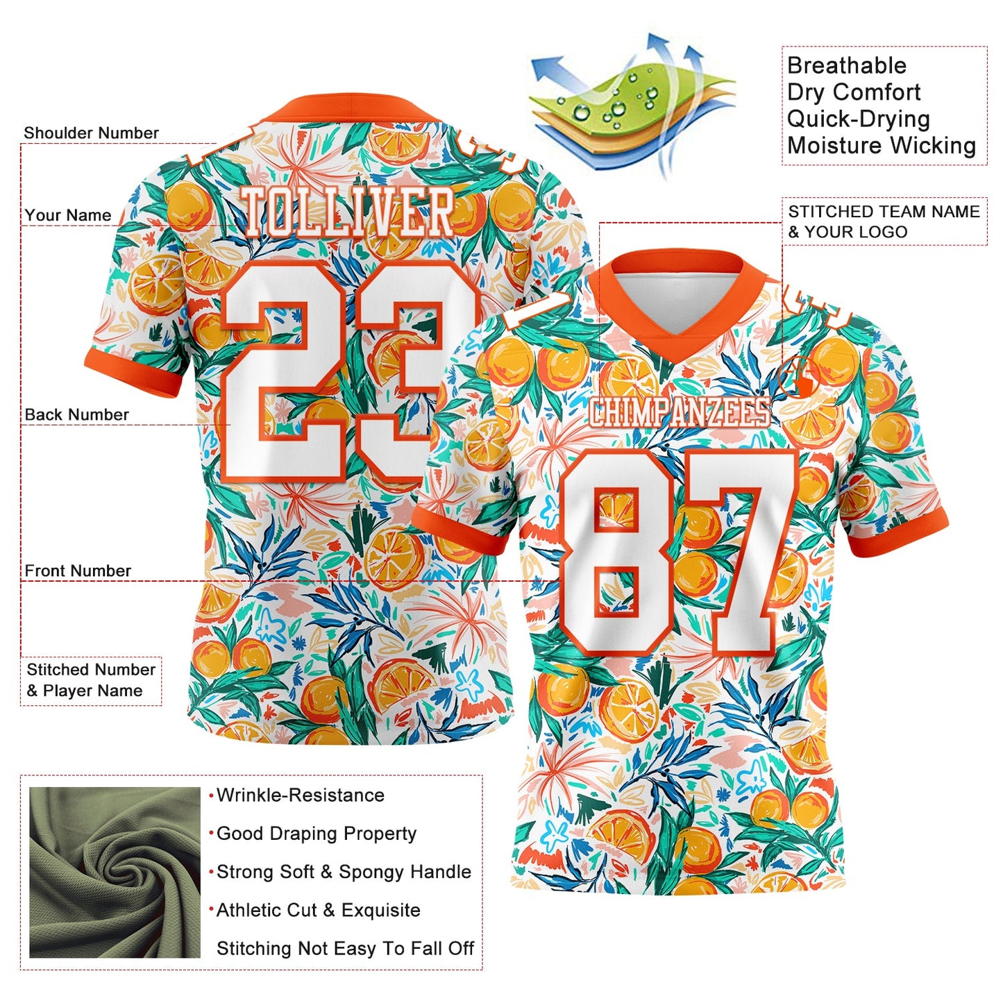 Custom White Orange 3D Pattern Fruit Mesh Authentic Football Jersey - Sky-Custom
