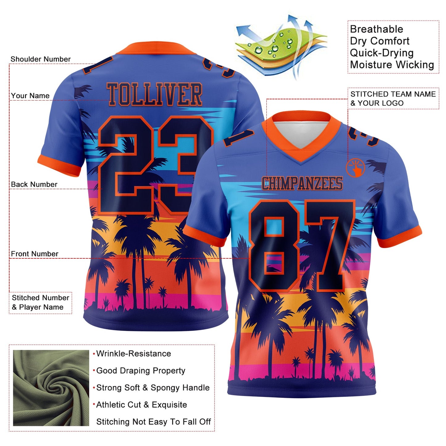 Custom Royal Navy-Orange 3D Pattern Tropical Palm Trees Mesh Authentic Football Jersey - Sky-Custom