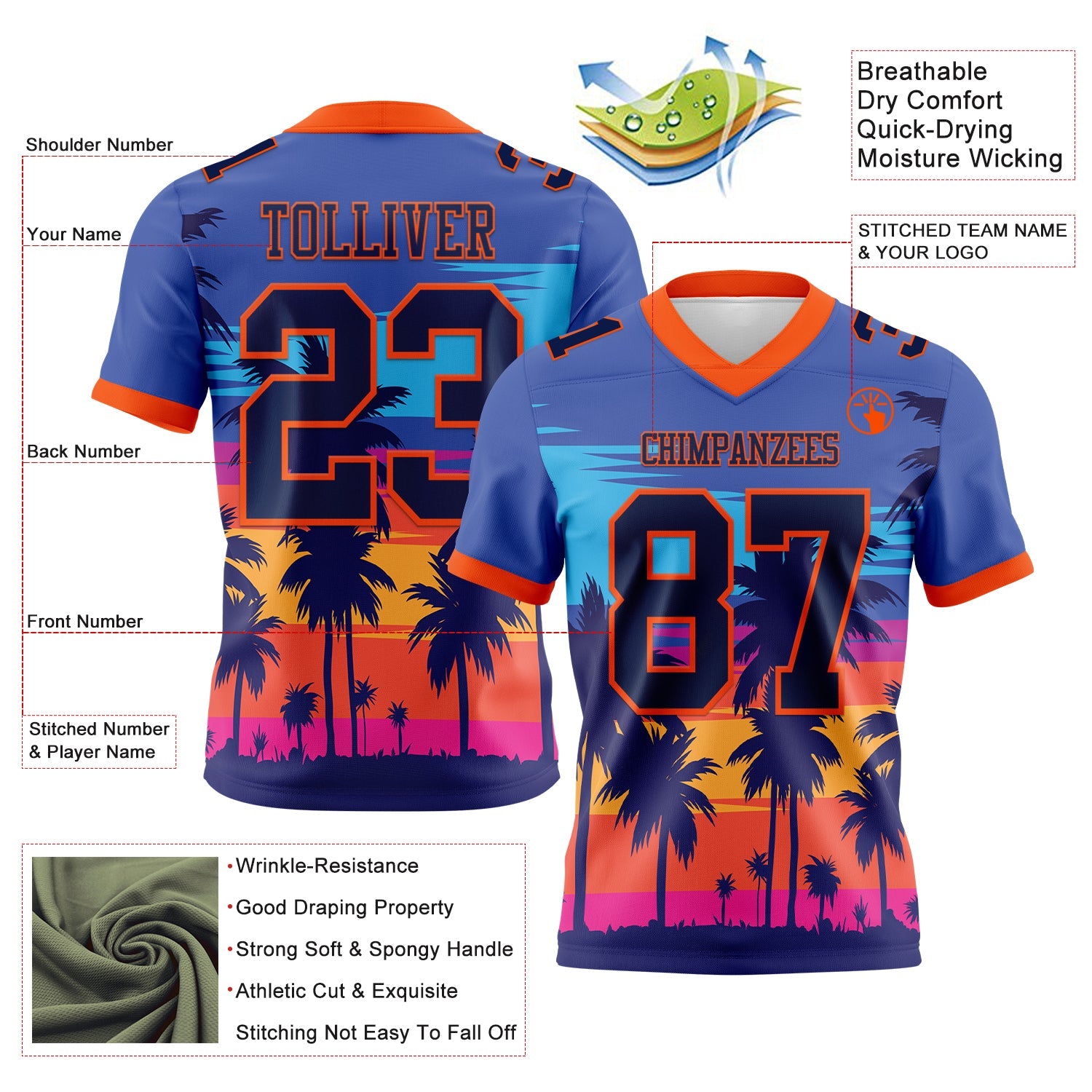 Custom Royal Navy-Orange 3D Pattern Tropical Palm Trees Mesh Authentic Football Jersey - Sky-Custom
