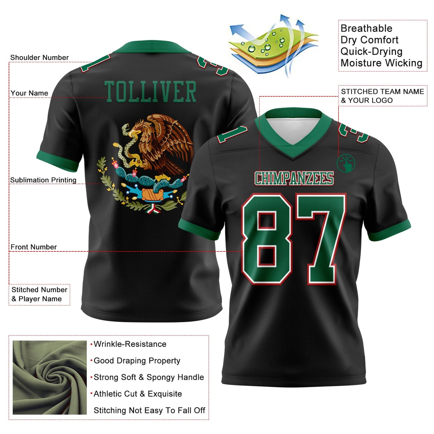 Custom Black Kelly Green White-Red 3D Pattern Mexico Mesh Authentic Football Jersey - Sky-Custom