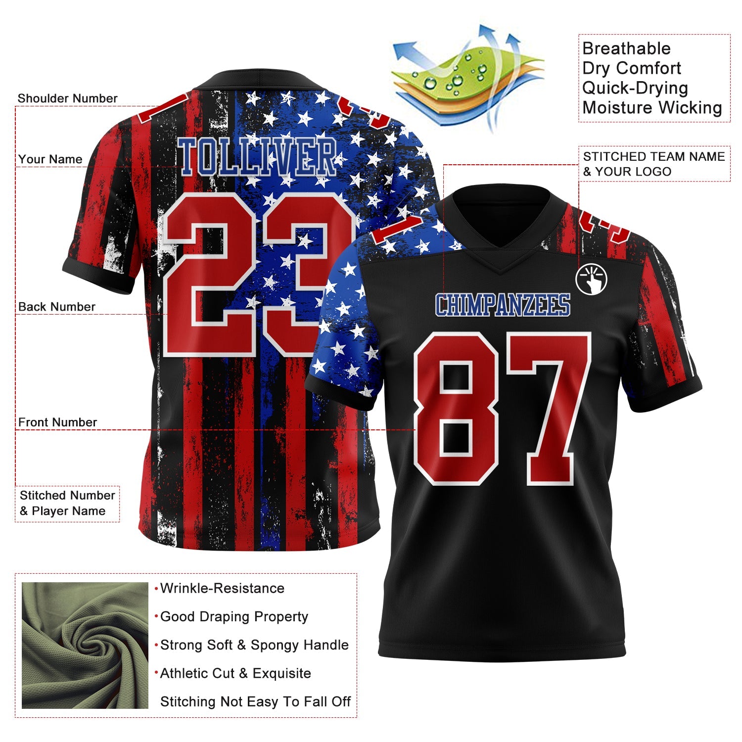 Custom Black Red Royal-White 3D Pattern American Flag Mesh Authentic Football Jersey - Sky-Custom
