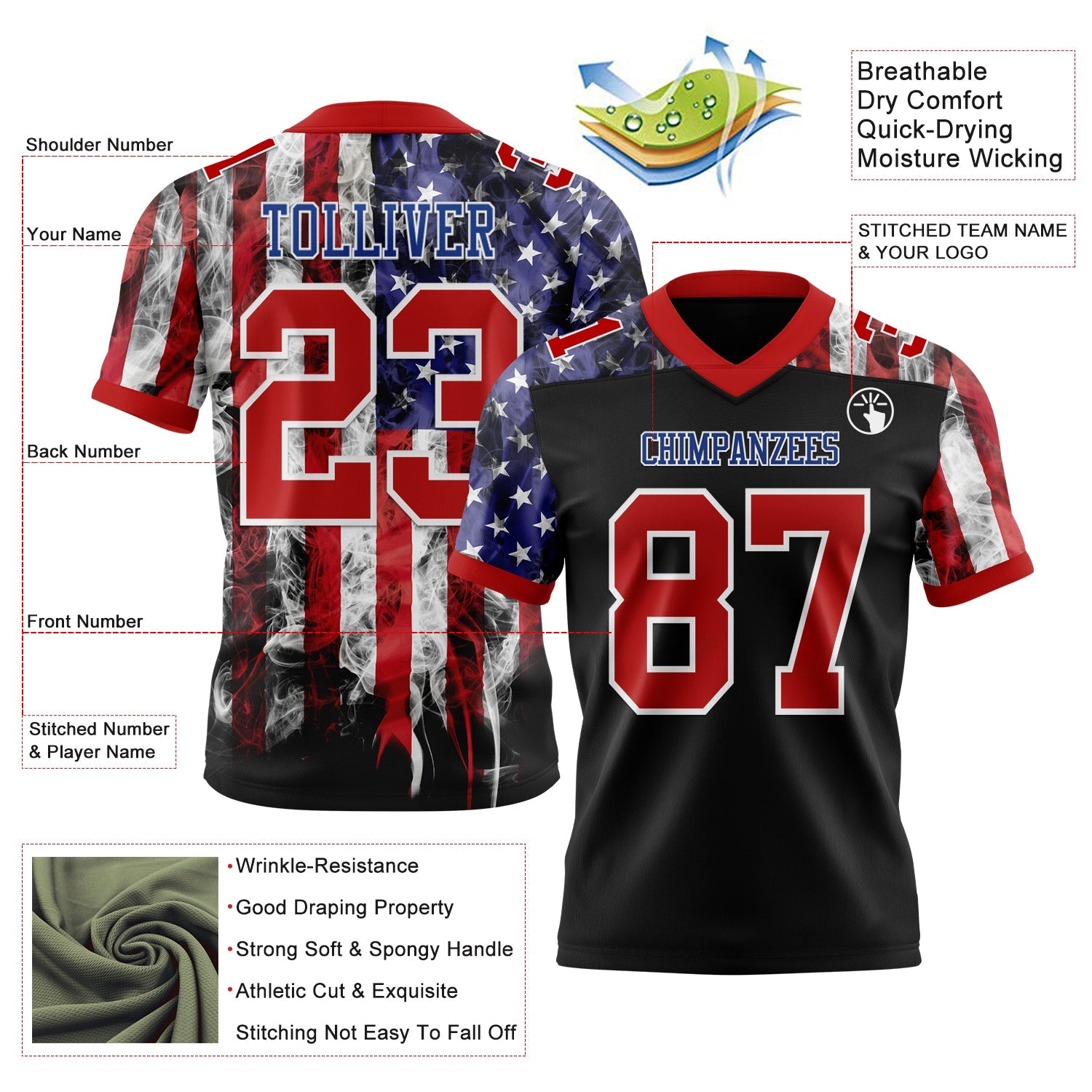 Custom Black Red Royal-White 3D Pattern American Flag Mesh Authentic Football Jersey - Sky-Custom