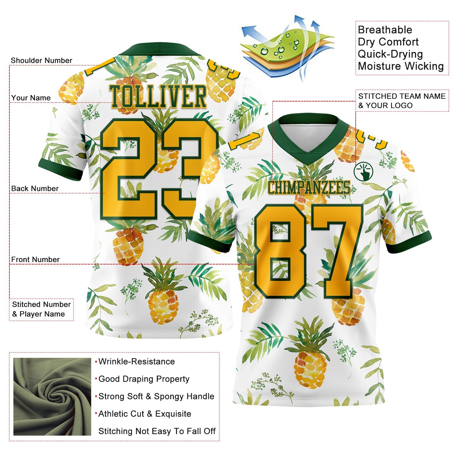 Custom White Gold-Green 3D Pattern Fruit Pineapple Mesh Authentic Football Jersey - Sky-Custom
