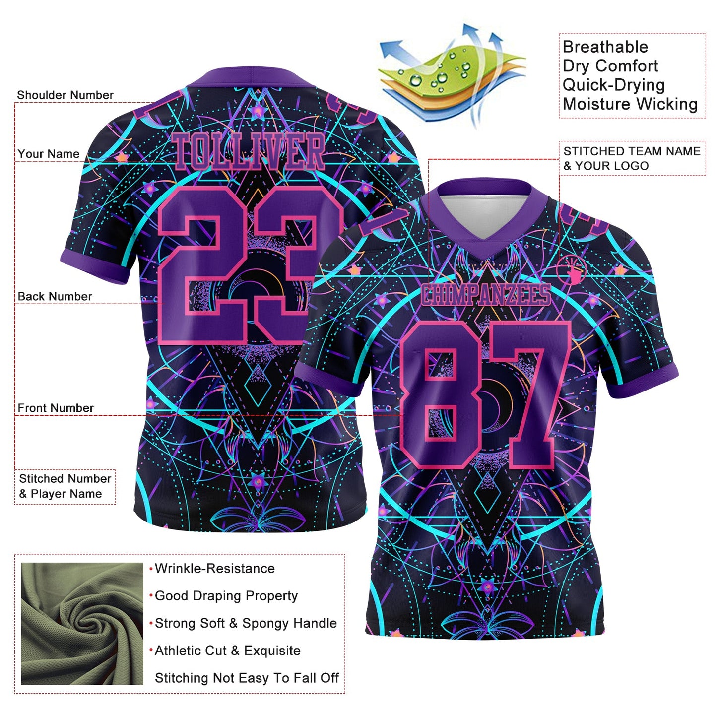 Custom Black Purple-Pink 3D Pattern Magic Mushrooms Over Sacred Geometry Psychedelic Hallucination Mesh Authentic Football Jersey - Sky-Custom
