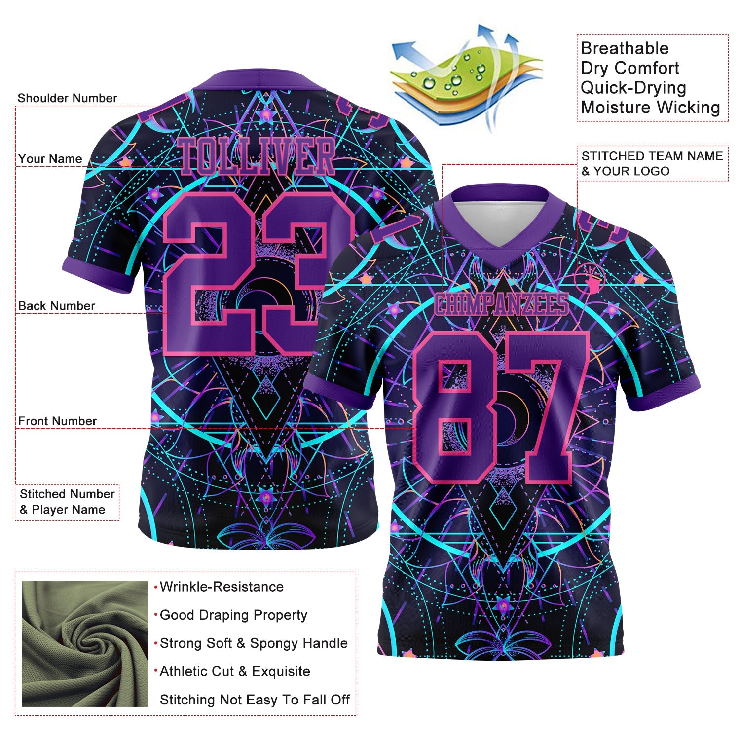 Custom Black Purple-Pink 3D Pattern Magic Mushrooms Over Sacred Geometry Psychedelic Hallucination Mesh Authentic Football Jersey - Sky-Custom