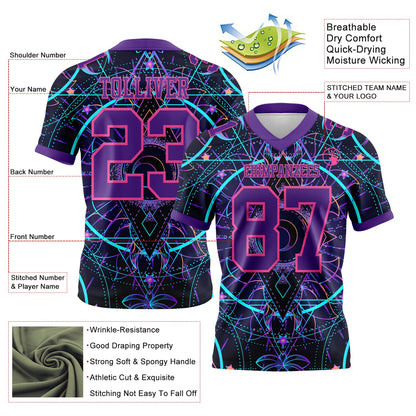 Custom Black Purple-Pink 3D Pattern Magic Mushrooms Over Sacred Geometry Psychedelic Hallucination Mesh Authentic Football Jersey - Sky-Custom