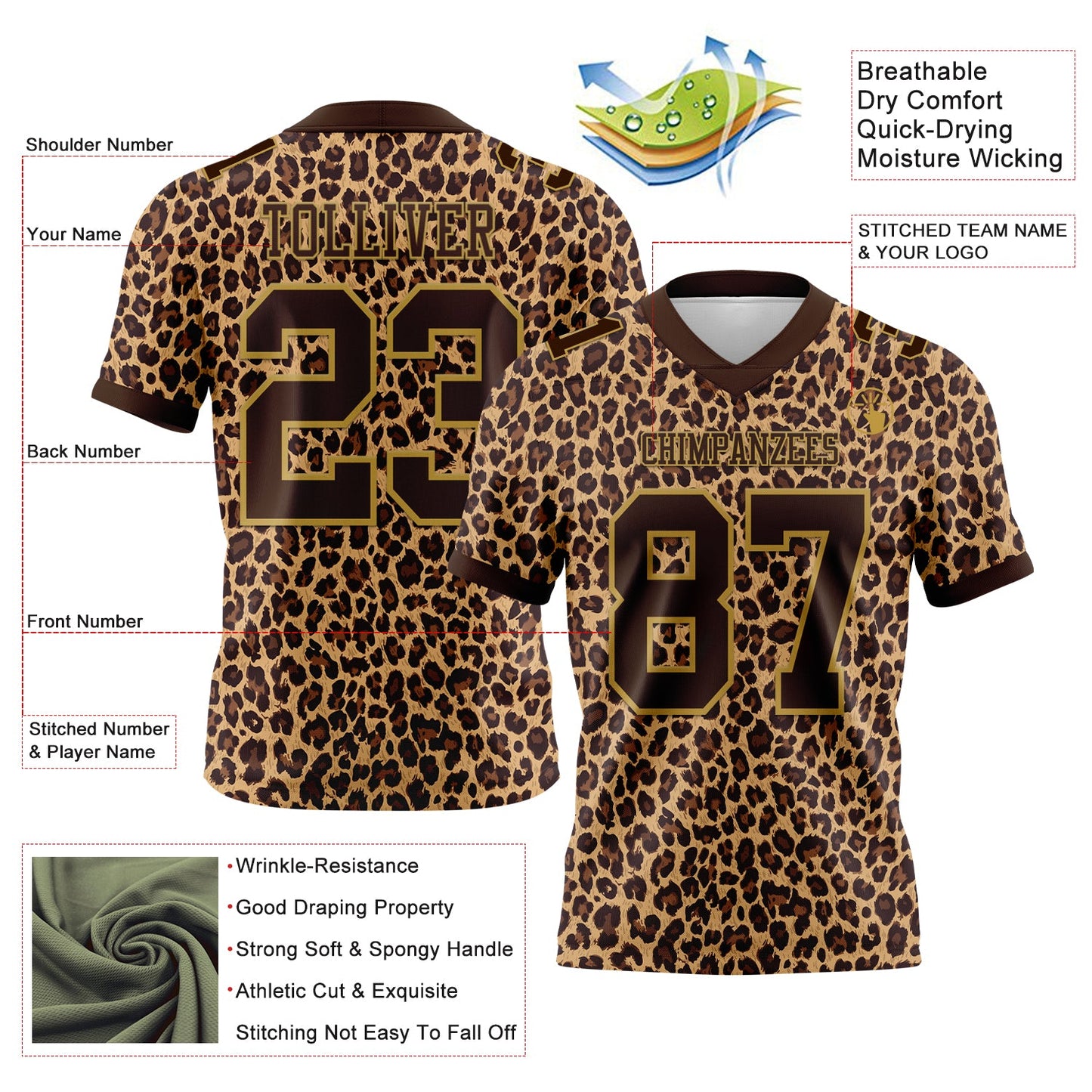 Custom Brown Old Gold 3D Pattern Leopard Print Mesh Authentic Football Jersey - Sky-Custom