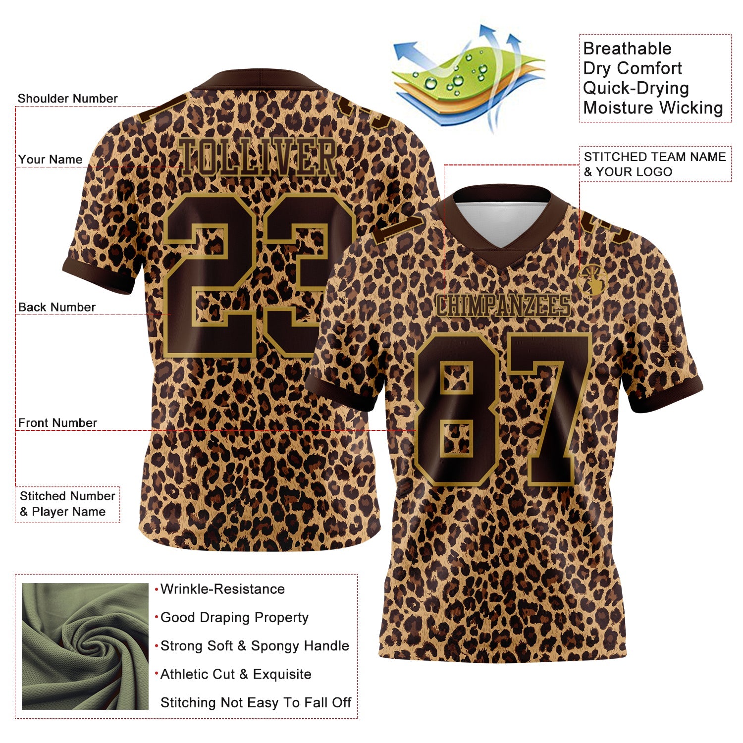 Custom Brown Old Gold 3D Pattern Leopard Print Mesh Authentic Football Jersey - Sky-Custom
