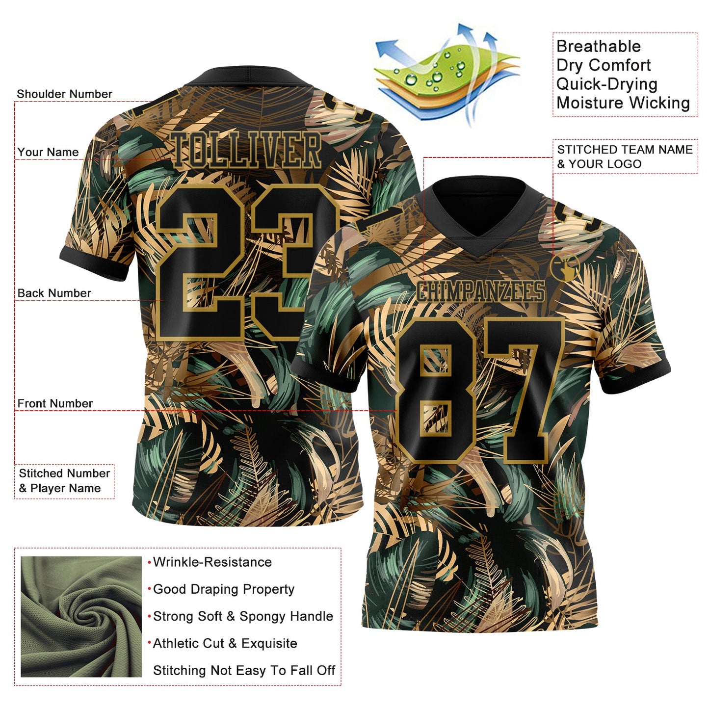 Custom Black Old Gold 3D Pattern Tropical Hawaii Jungle Leaves Mesh Authentic Football Jersey - Sky-Custom