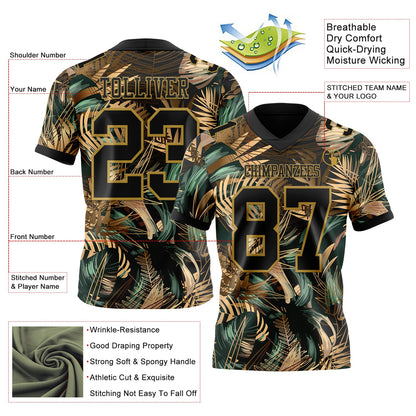 Custom Black Old Gold 3D Pattern Tropical Hawaii Jungle Leaves Mesh Authentic Football Jersey - Sky-Custom