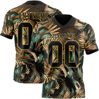 Custom Black Old Gold 3D Pattern Tropical Hawaii Jungle Leaves Mesh Authentic Football Jersey - Sky-Custom