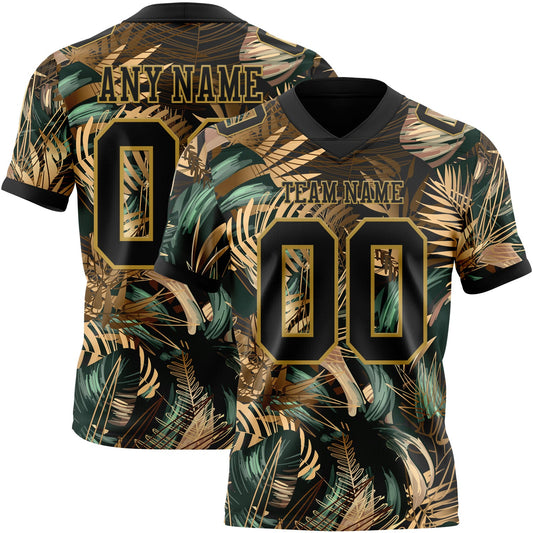 Custom Black Old Gold 3D Pattern Tropical Hawaii Jungle Leaves Mesh Authentic Football Jersey - Sky-Custom