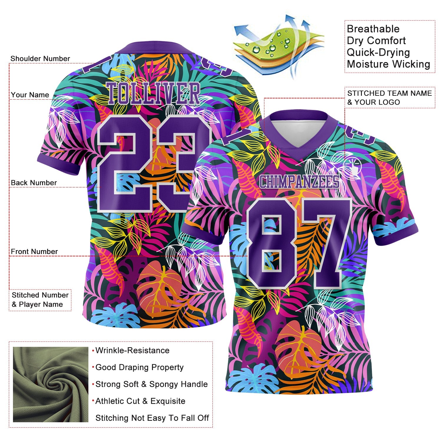Custom Black Purple-White 3D Pattern Tropical Hawaii Jungle Leaves Mesh Authentic Football Jersey - Sky-Custom