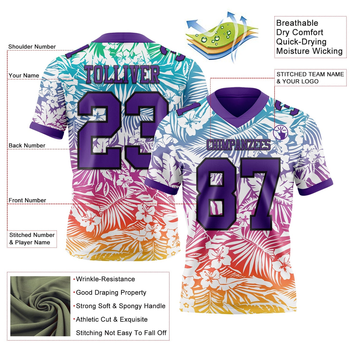 Custom White Purple-Black 3D Pattern Tropical Hawaii Jungle Leaves Mesh Authentic Football Jersey - Sky-Custom