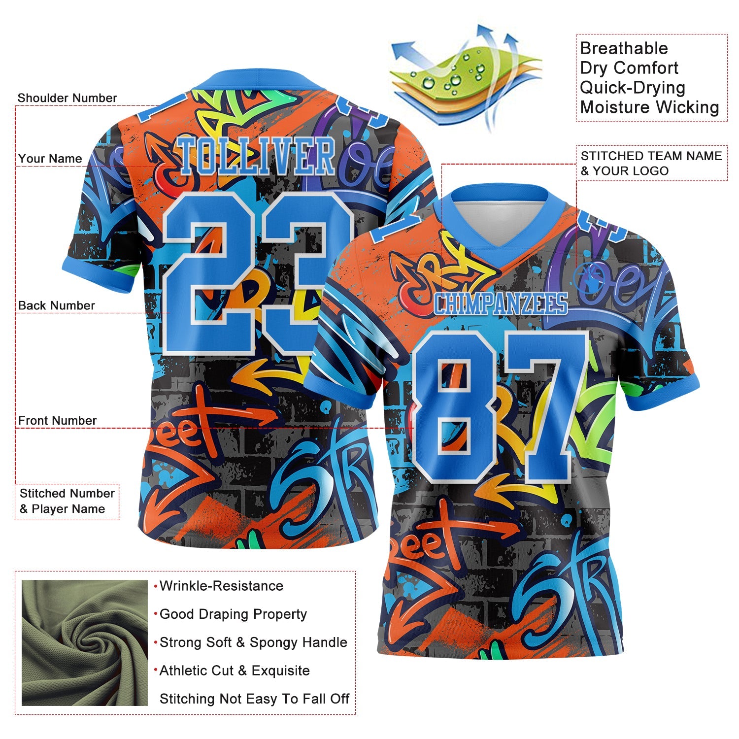 Custom Graffiti Pattern Powder Blue-White 3D Pattern Splash Mesh Authentic Football Jersey - Sky-Custom
