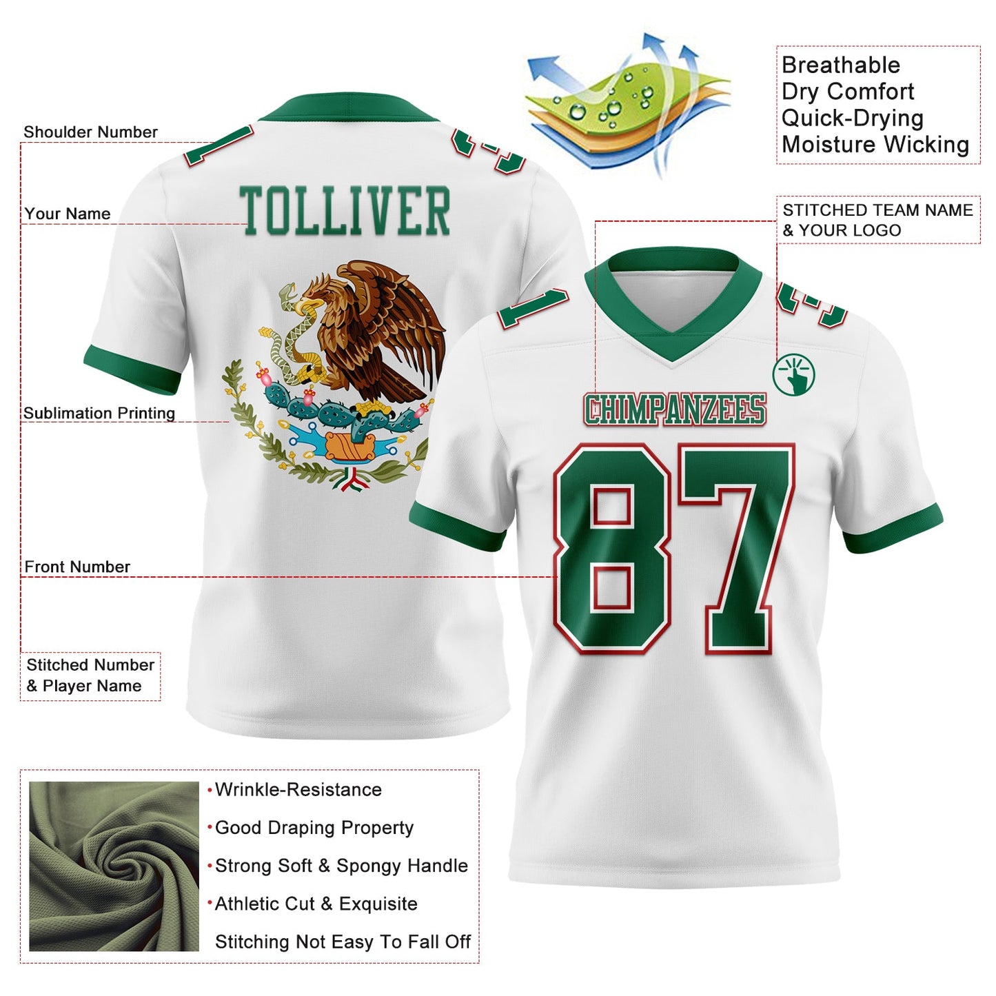 Custom White Kelly Green-Red 3D Pattern Mexico Mesh Authentic Football Jersey - Sky-Custom