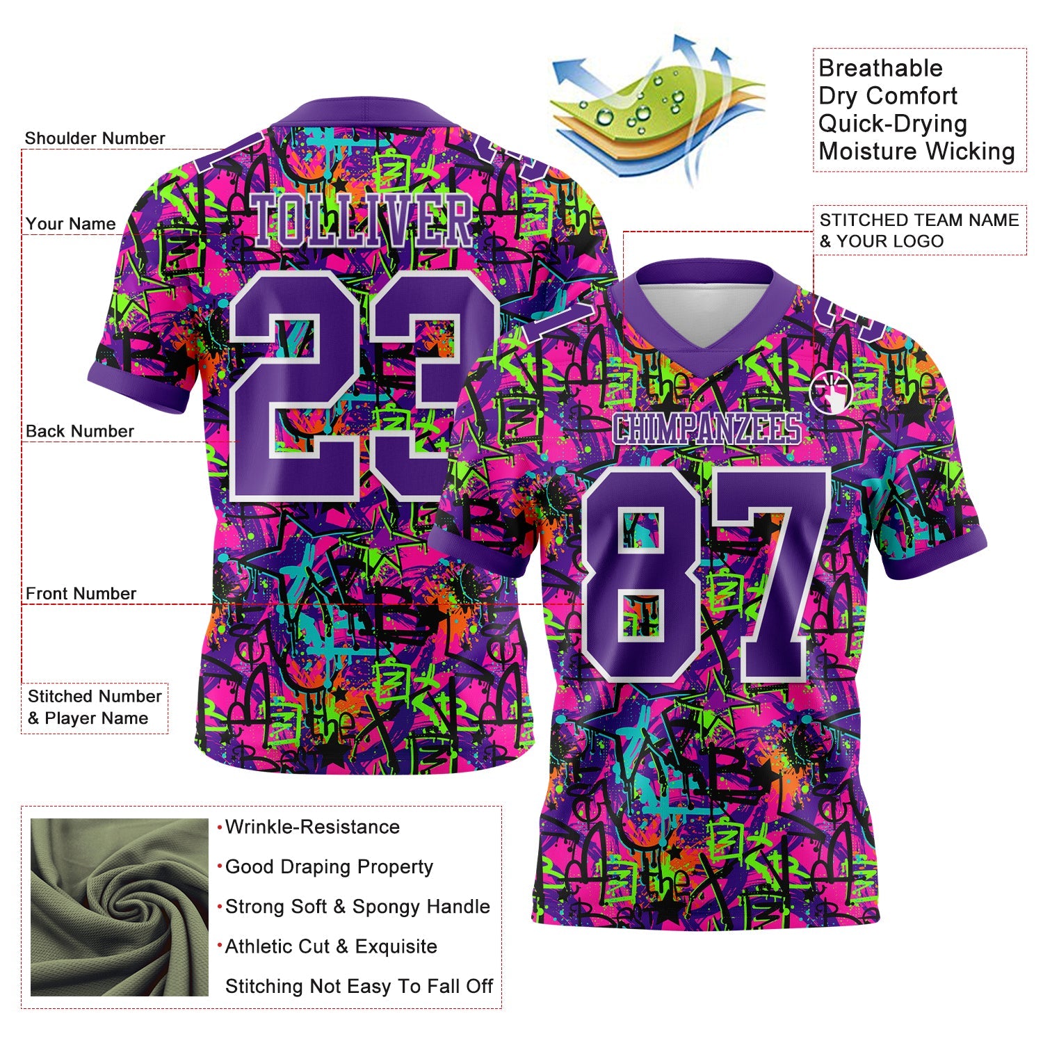 Custom Graffiti Pattern Purple-White 3D Pattern Splash Mesh Authentic Football Jersey - Sky-Custom