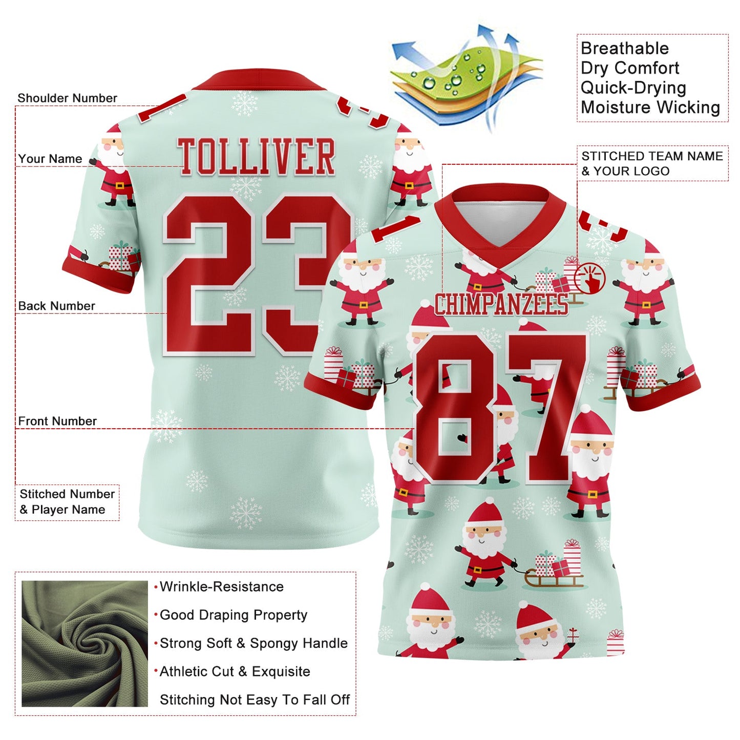 Custom Green Red-White 3D Pattern Christmas Mesh Authentic Football Jersey - Sky-Custom