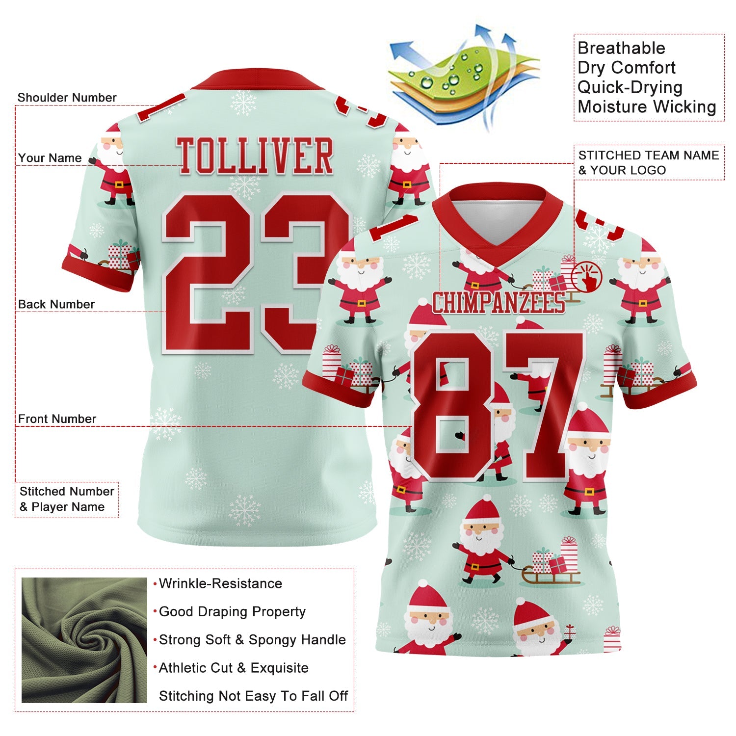 Custom Green Red-White 3D Pattern Christmas Mesh Authentic Football Jersey - Sky-Custom