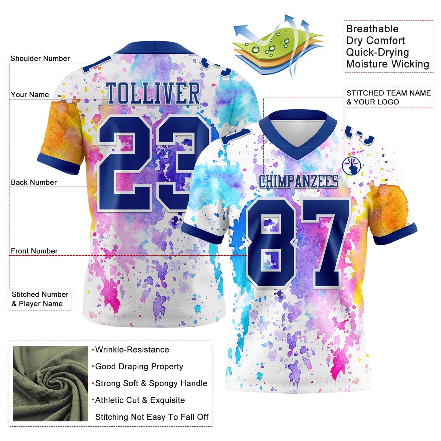 Custom White Royal 3D Pattern Watercolor Splash Mesh Authentic Football Jersey - Sky-Custom