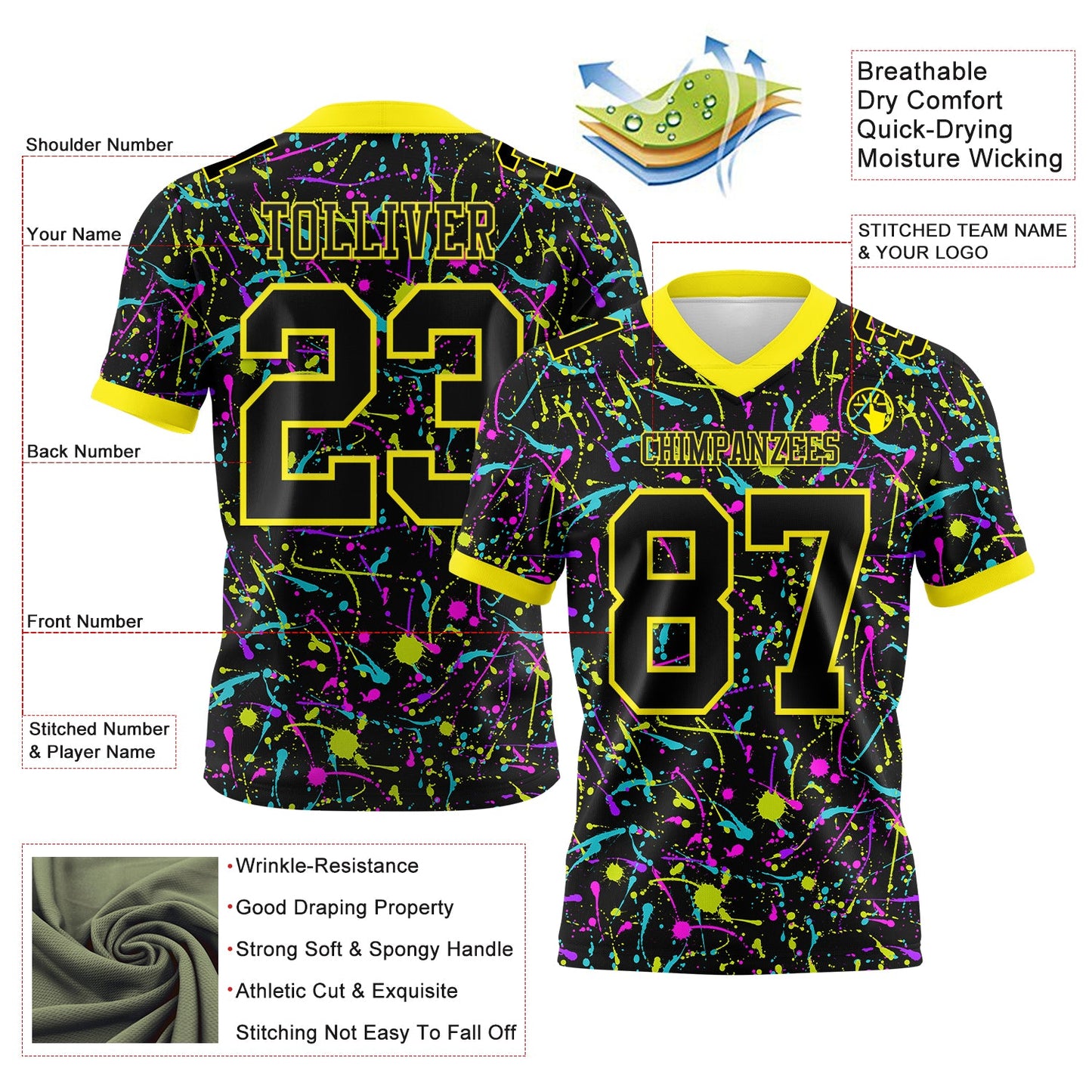 Custom Graffiti Pattern Black-Light Yellow 3D Pattern Splash Mesh Authentic Football Jersey - Sky-Custom