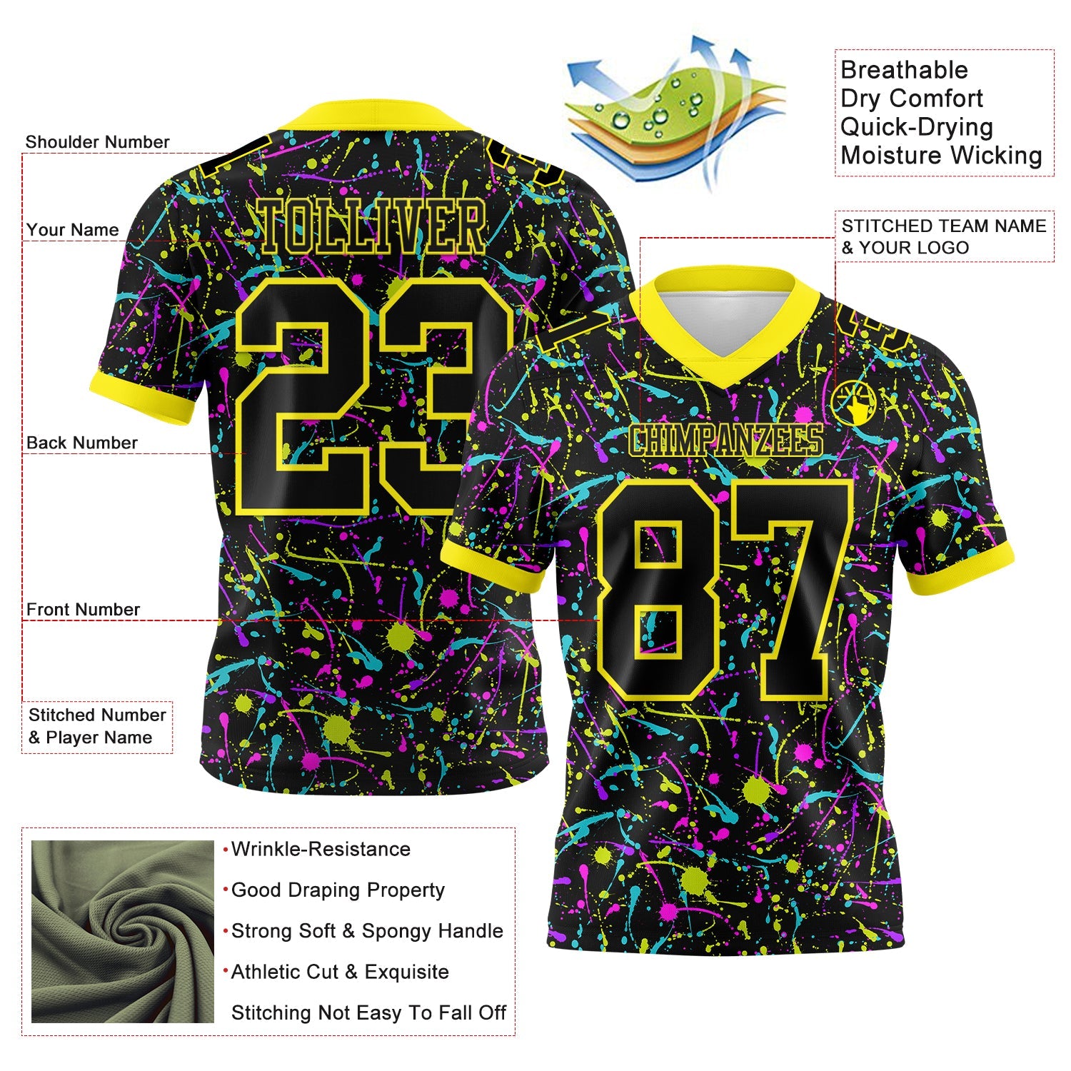 Custom Graffiti Pattern Black-Light Yellow 3D Pattern Splash Mesh Authentic Football Jersey - Sky-Custom