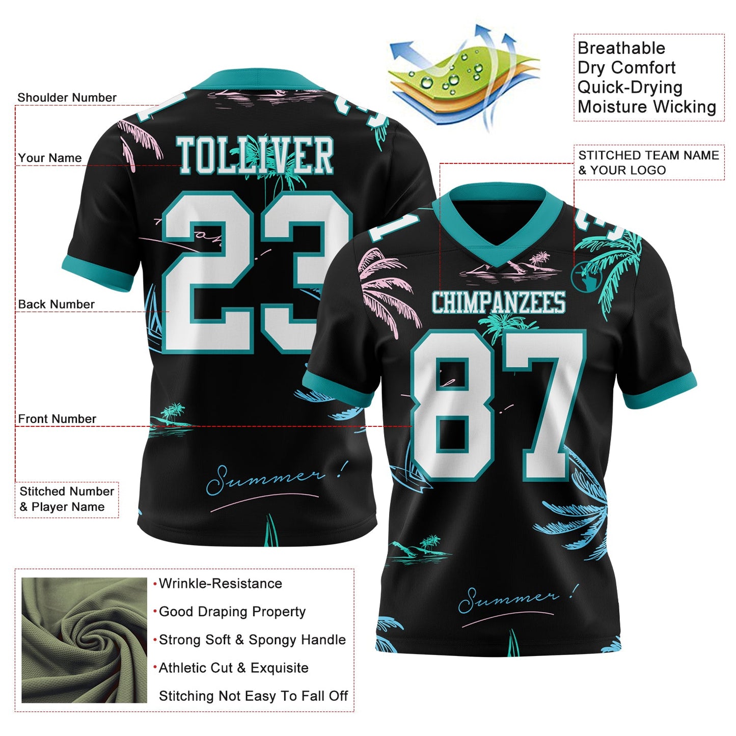 Custom Black White-Teal 3D Pattern Tropical Hawaii Palm Trees Mesh Authentic Football Jersey - Sky-Custom