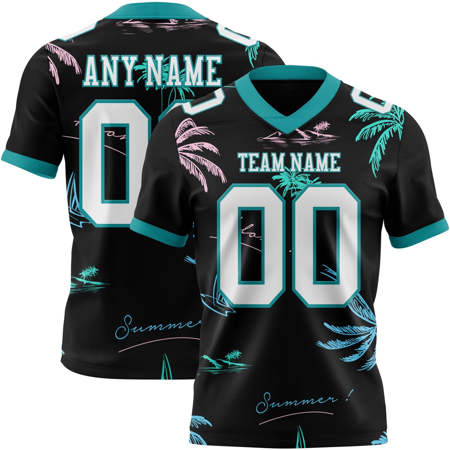 Custom Black White-Teal 3D Pattern Tropical Hawaii Palm Trees Mesh Authentic Football Jersey - Sky-Custom