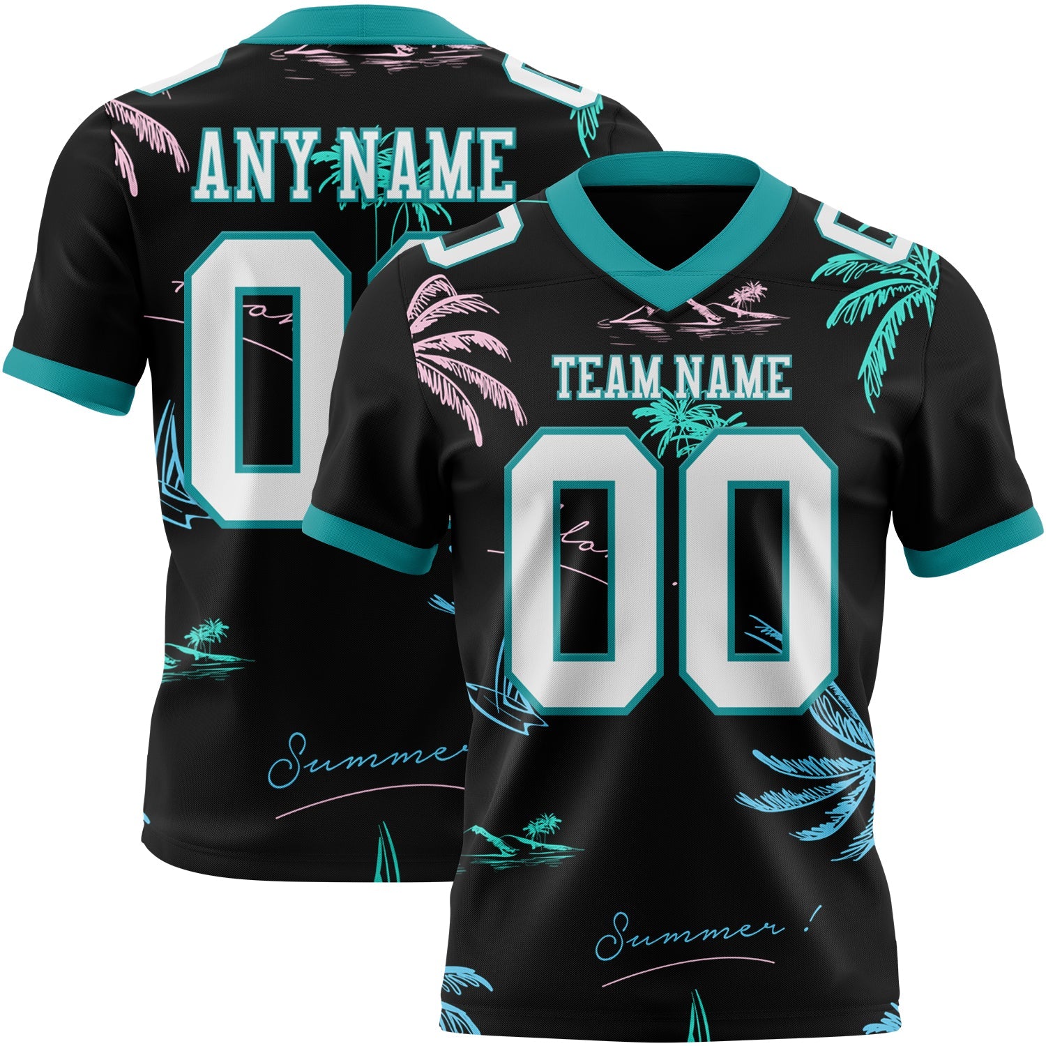Custom Black White-Teal 3D Pattern Tropical Hawaii Palm Trees Mesh Authentic Football Jersey - Sky-Custom