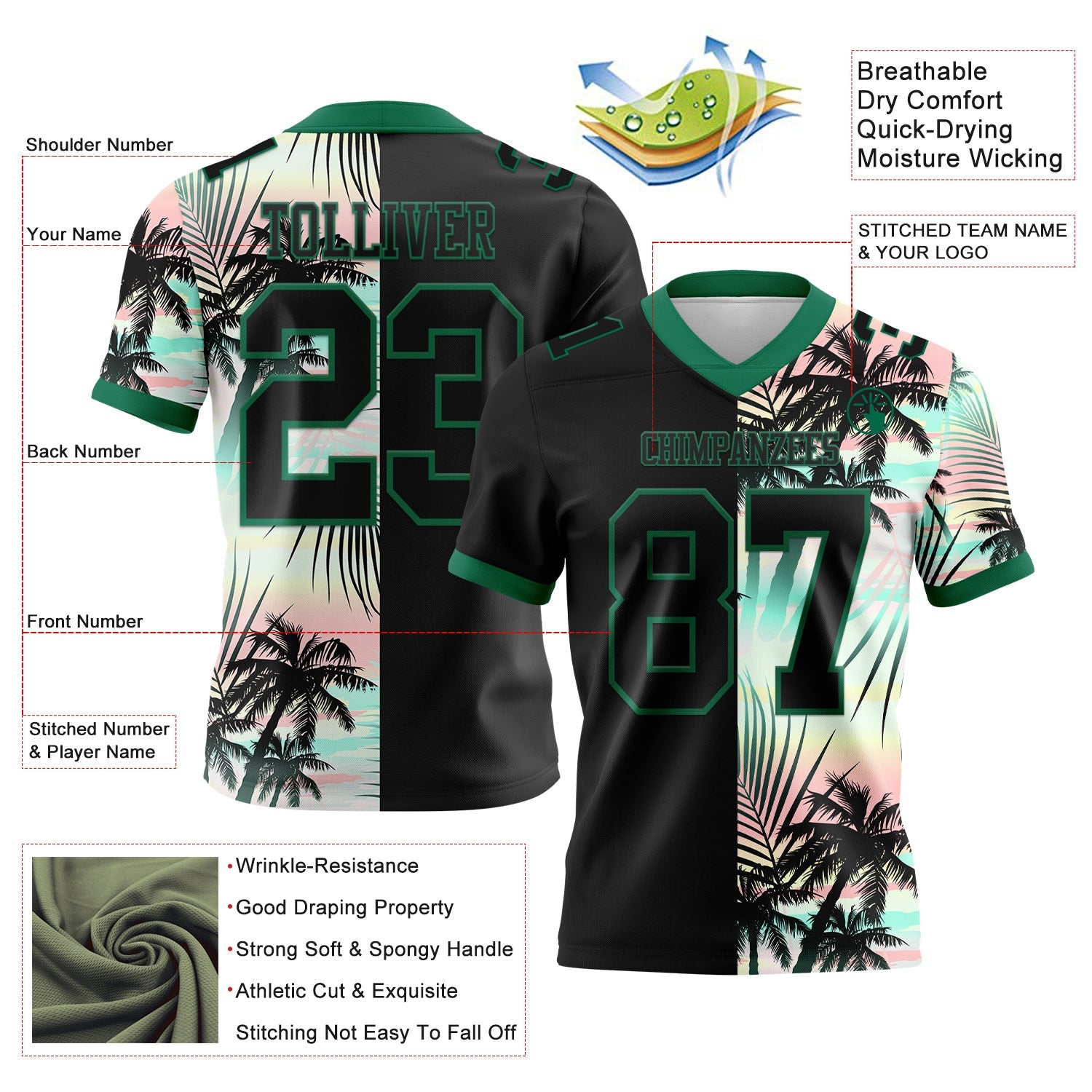 Custom Black Kelly Green 3D Pattern Tropical Hawaii Palm Leaves Mesh Authentic Football Jersey - Sky-Custom