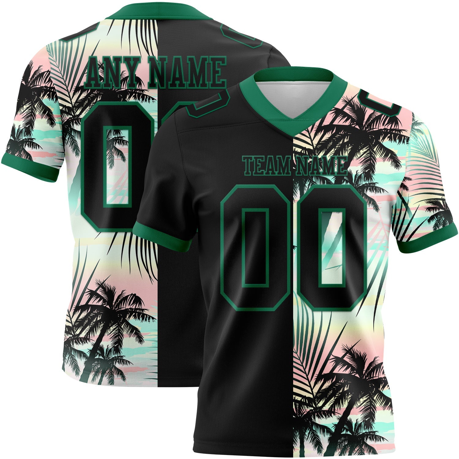 Custom Black Kelly Green 3D Pattern Tropical Hawaii Palm Leaves Mesh Authentic Football Jersey - Sky-Custom
