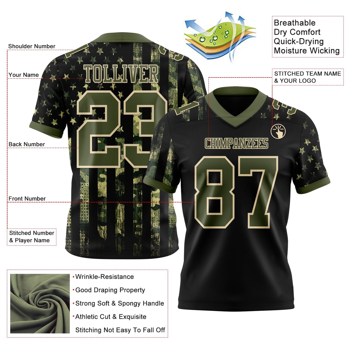Custom Black Olive-Cream 3D Pattern American Flag Mesh Authentic Football Jersey - Sky-Custom