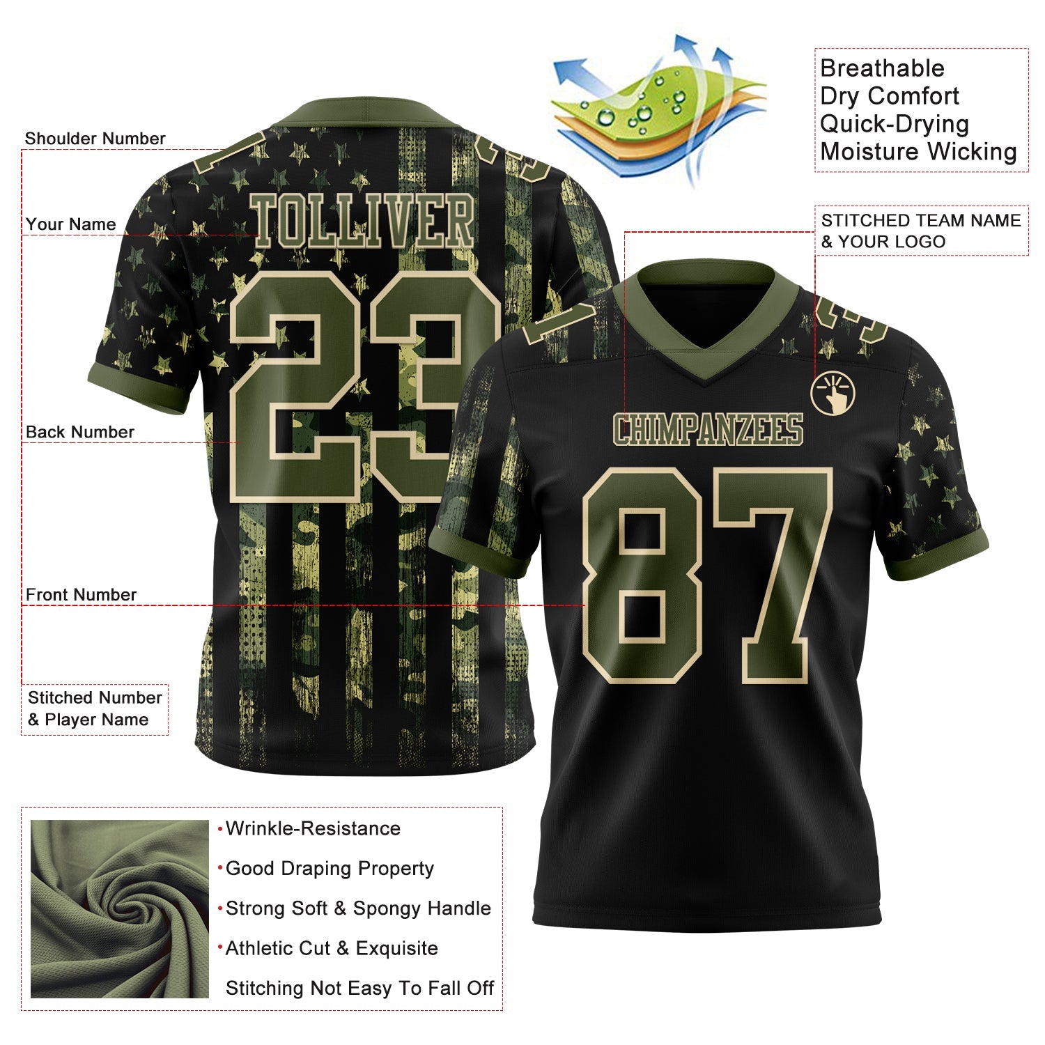 Custom Black Olive-Cream 3D Pattern American Flag Mesh Authentic Football Jersey - Sky-Custom