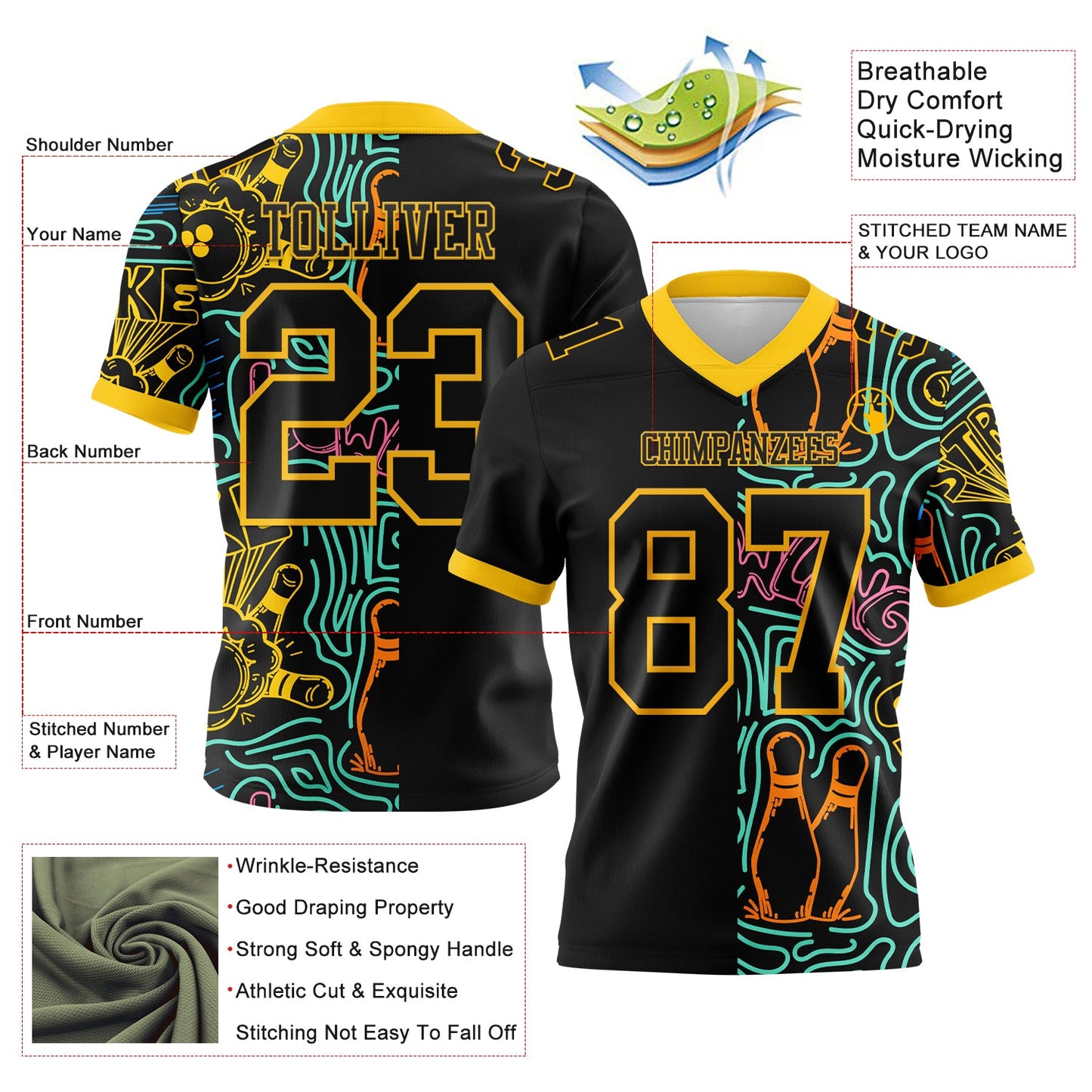 Custom Black Yellow 3D Pattern Bowling Mesh Authentic Football Jersey - Sky-Custom