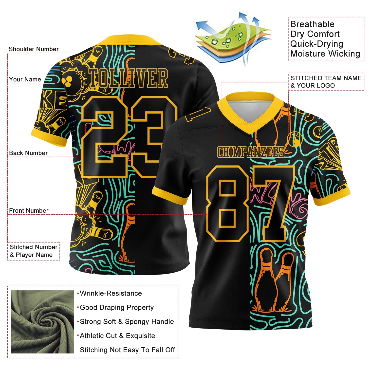 Custom Black Yellow 3D Pattern Bowling Mesh Authentic Football Jersey - Sky-Custom