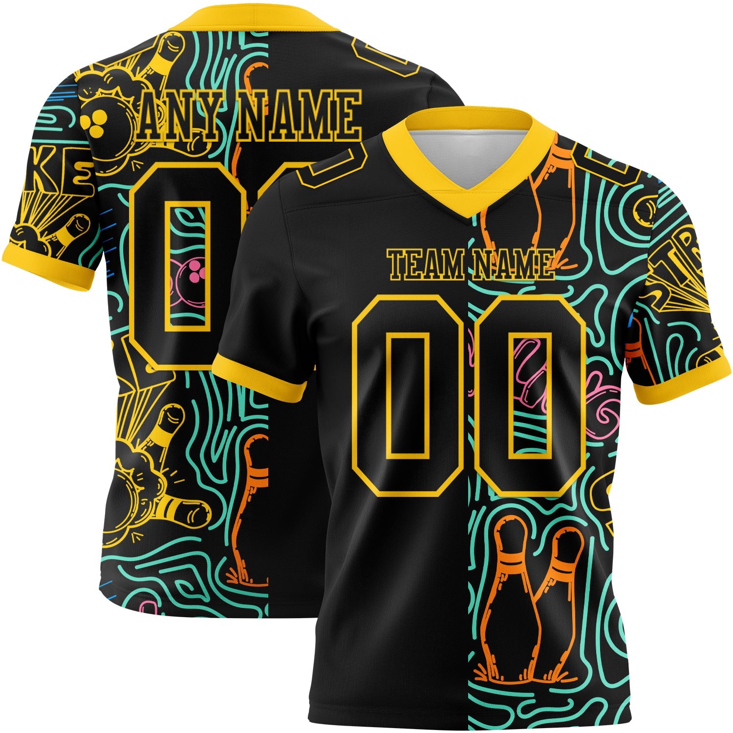 Custom Black Yellow 3D Pattern Bowling Mesh Authentic Football Jersey - Sky-Custom