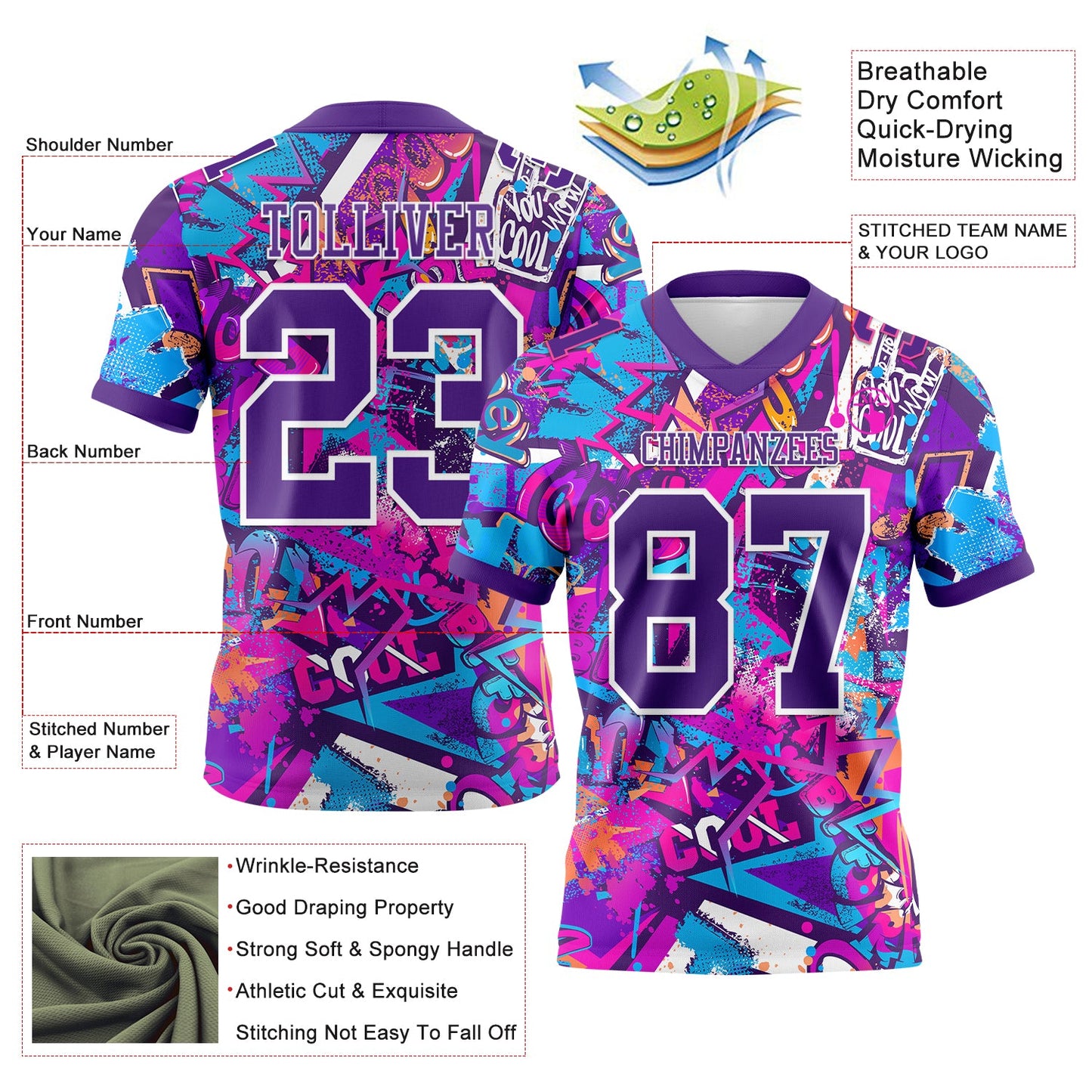 Custom Graffiti Pattern Purple-White 3D Pattern Splash Mesh Authentic Football Jersey - Sky-Custom
