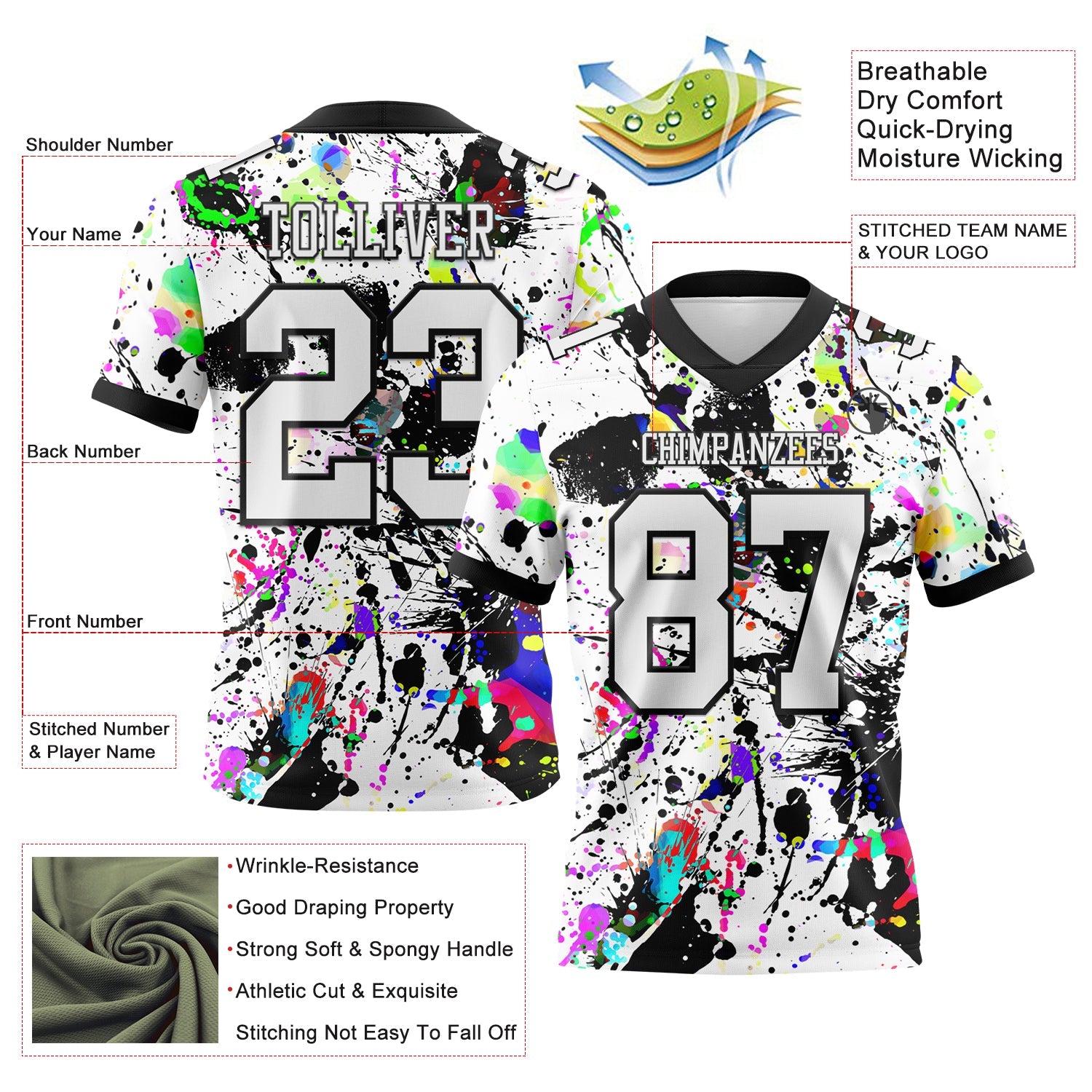 Custom Graffiti Pattern White-Black 3D Pattern Splash Mesh Authentic Football Jersey - Sky-Custom