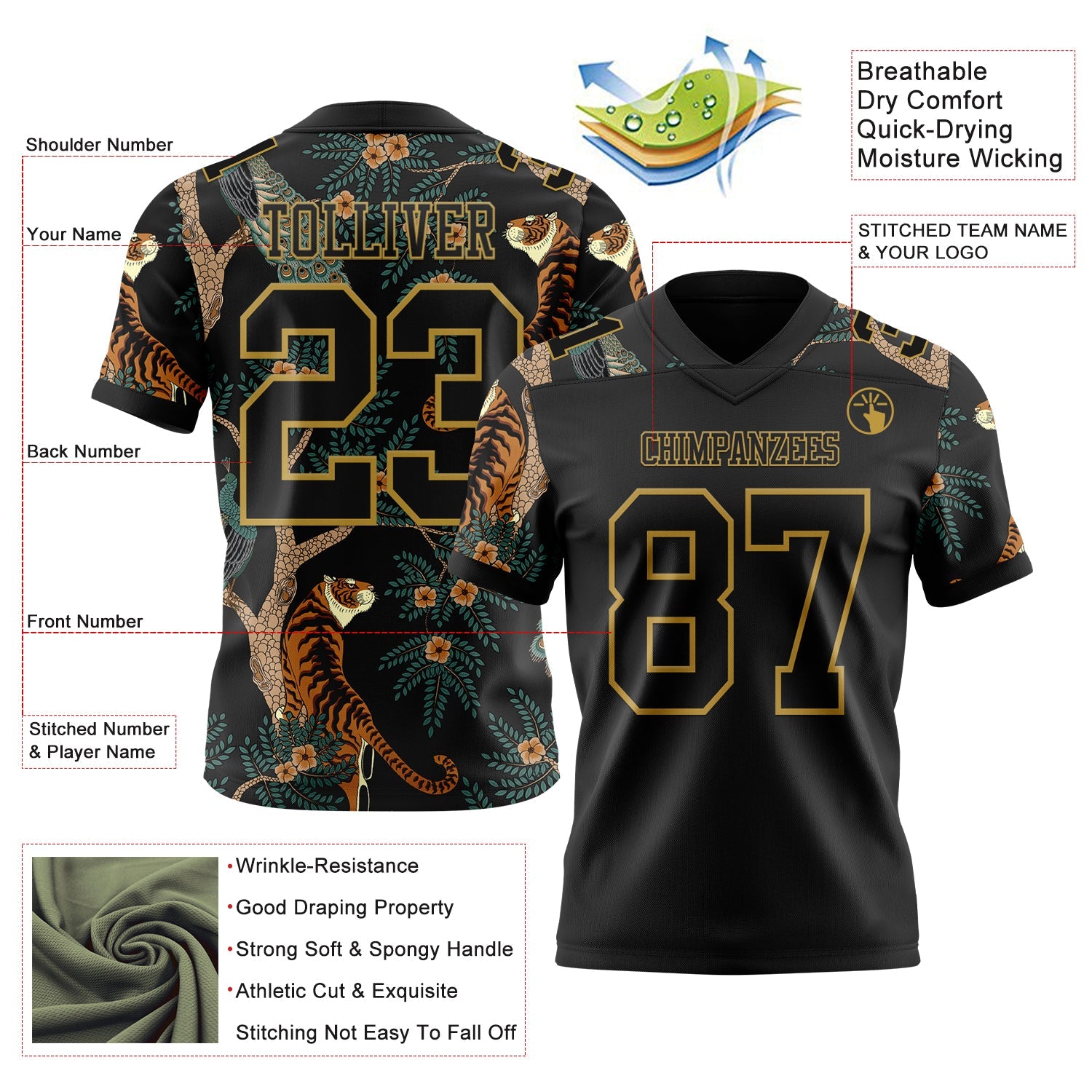 Custom Black Old Gold 3D Pattern Tiger And Peacock Mesh Authentic Football Jersey - Sky-Custom