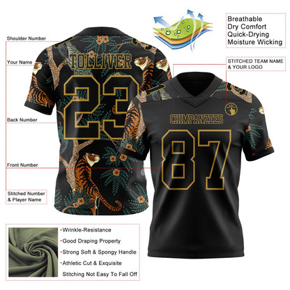 Custom Black Old Gold 3D Pattern Tiger And Peacock Mesh Authentic Football Jersey - Sky-Custom