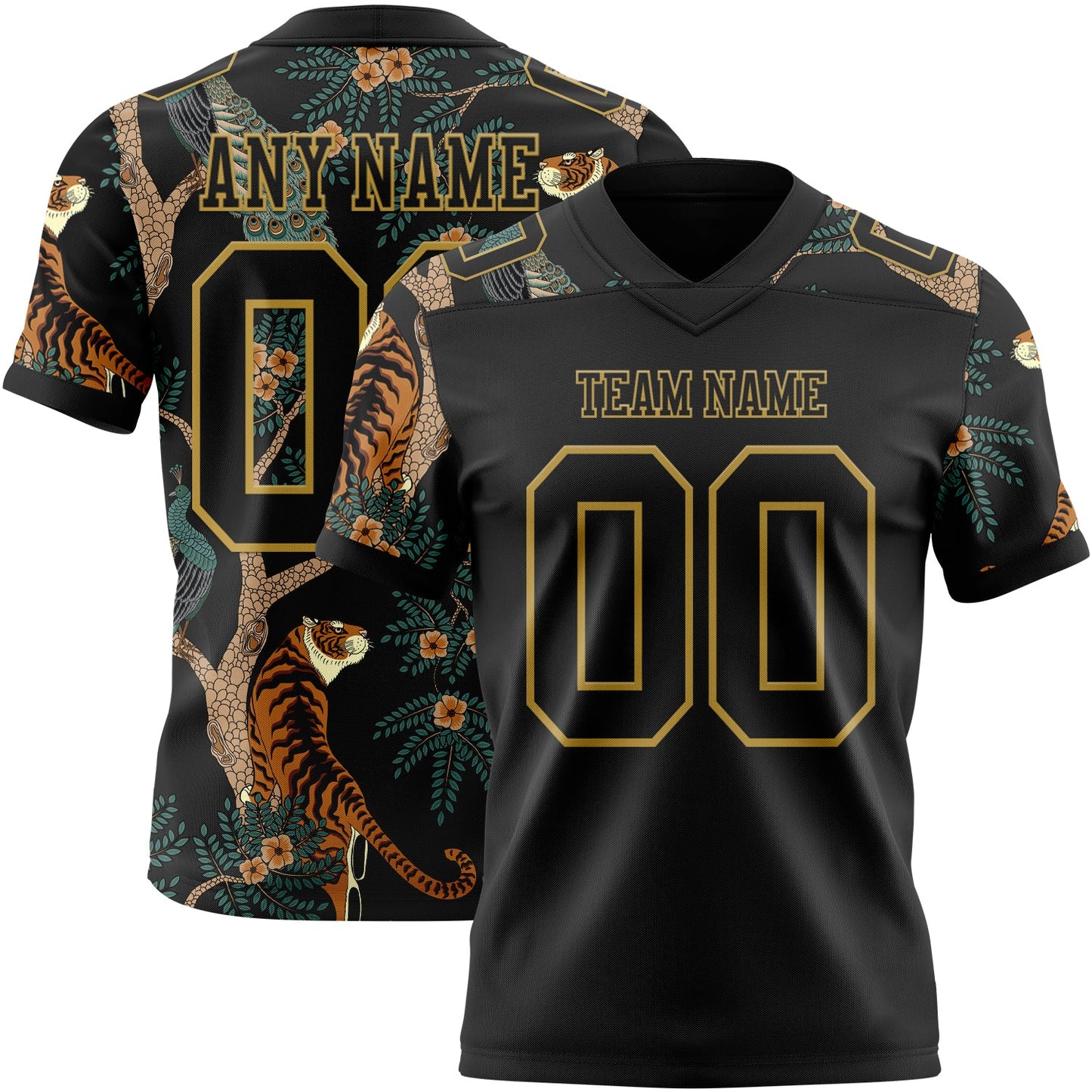 Custom Black Old Gold 3D Pattern Tiger And Peacock Mesh Authentic Football Jersey - Sky-Custom