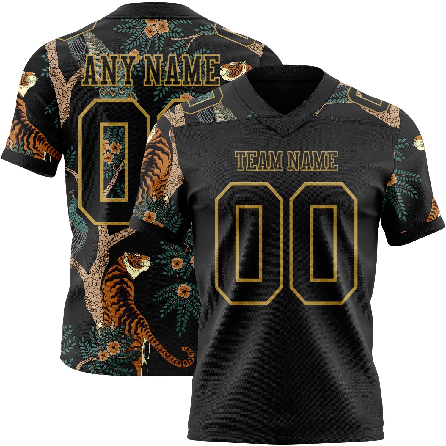 Custom Black Old Gold 3D Pattern Tiger And Peacock Mesh Authentic Football Jersey - Sky-Custom