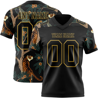 Custom Black Old Gold 3D Pattern Tiger And Peacock Mesh Authentic Football Jersey - Sky-Custom