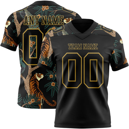 Custom Black Old Gold 3D Pattern Tiger And Peacock Mesh Authentic Football Jersey - Sky-Custom
