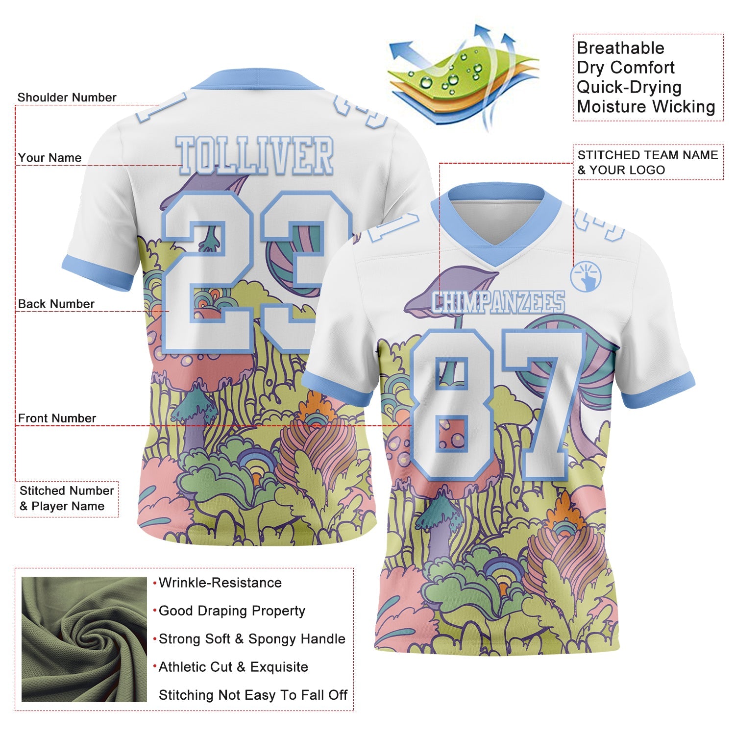 Custom White Light Blue 3D Pattern Colorful Flowers And Mushrooms Psychedelic Hallucination Mesh Authentic Football Jersey - Sky-Custom