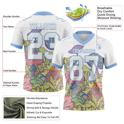 Custom White Light Blue 3D Pattern Colorful Flowers And Mushrooms Psychedelic Hallucination Mesh Authentic Football Jersey - Sky-Custom