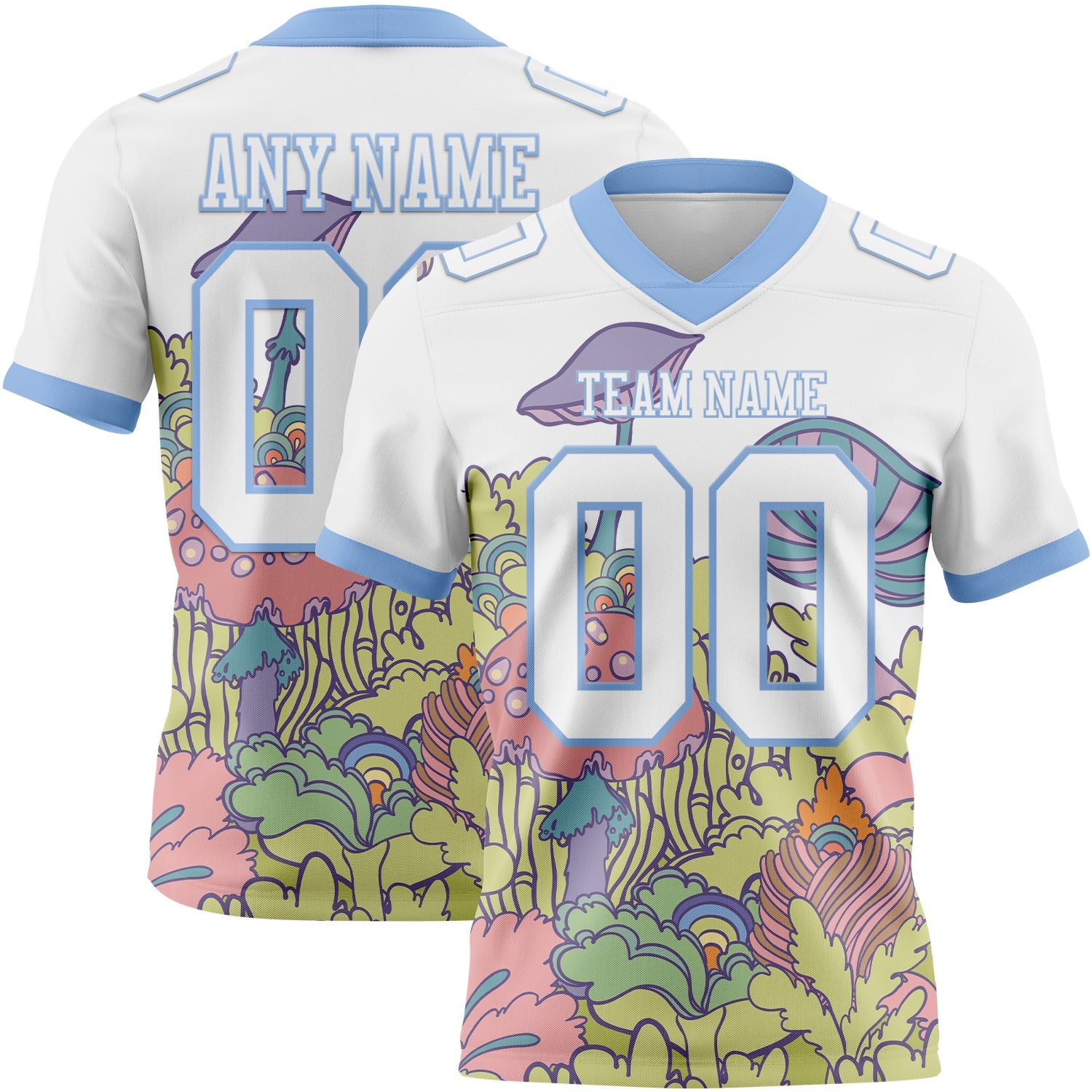 Custom White Light Blue 3D Pattern Colorful Flowers And Mushrooms Psychedelic Hallucination Mesh Authentic Football Jersey - Sky-Custom